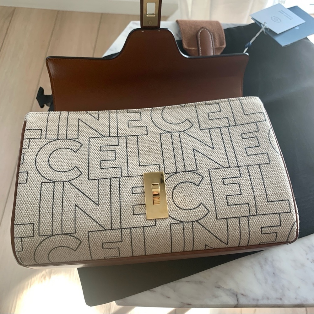 🌟 CELINE Teen Soft 16 Crossbody Bag in Textile Logo and Natural Tan Leather - Picture 9 of 16